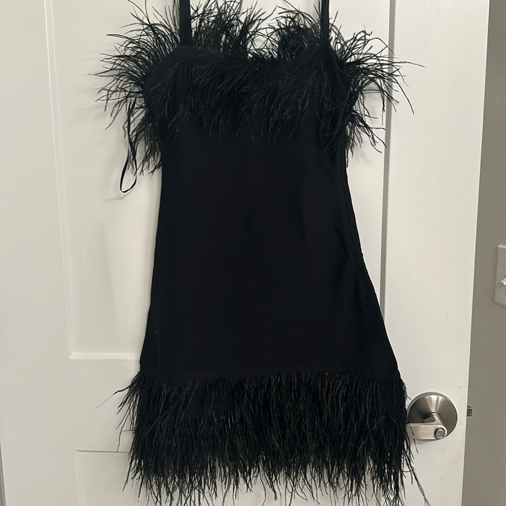 STAUD Black Feather-Trim Mini Dress